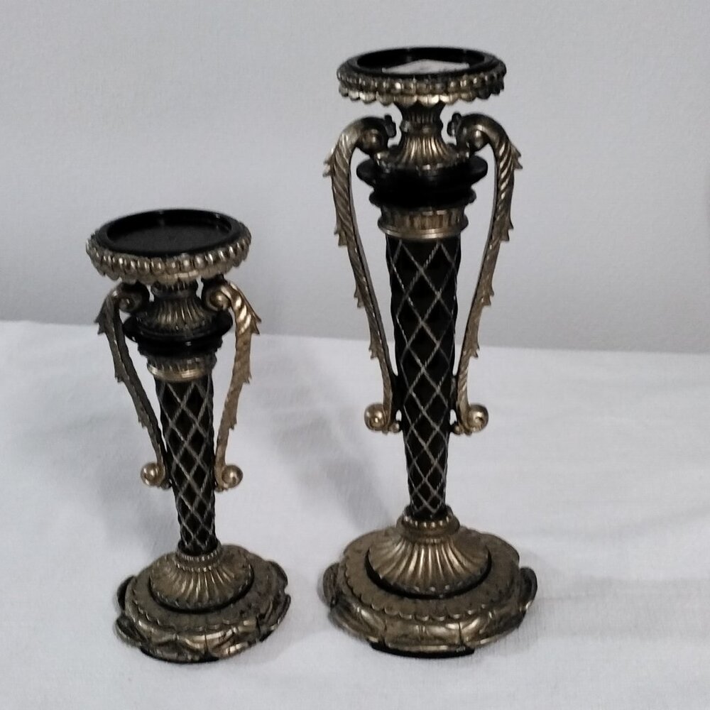 Exquisite Vintage Neo-Classical Gold & Black Toned Candle Holder Pair